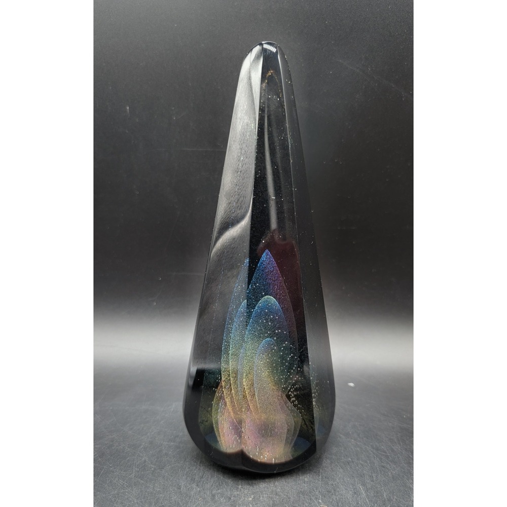 Stuart Abelman Art Glass Obelisk Pyramid Dichroic Paperweight Black Flame 2001